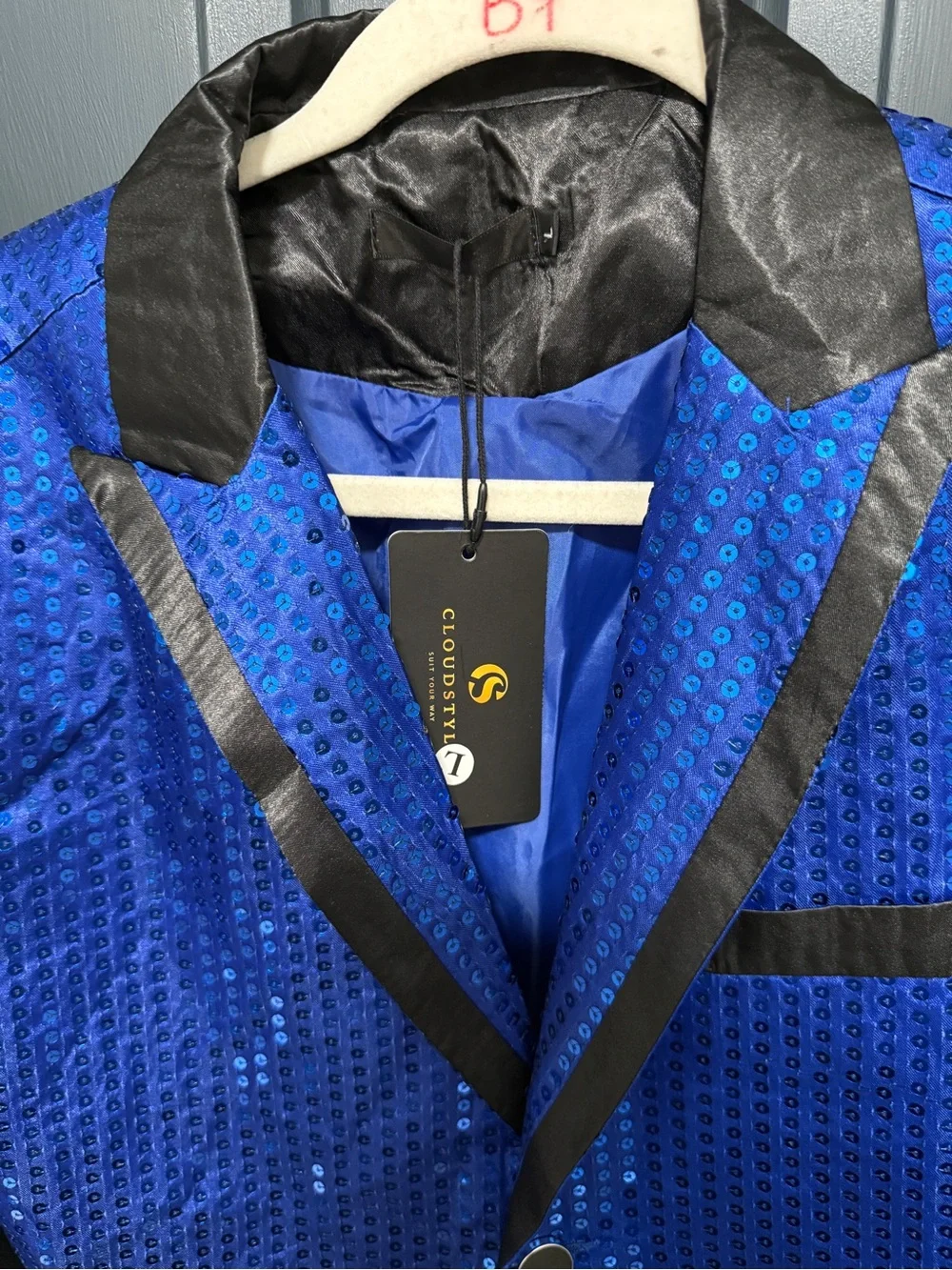 Blue Sequin Blazer with Black Trim - Men's Formal Jacket